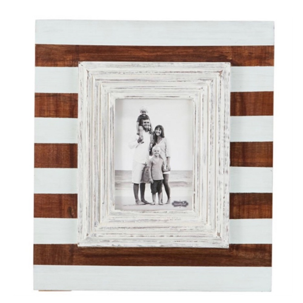 Mudpie Brown White Planked Layered Wood Beach Style Striped Summer Photo Frame